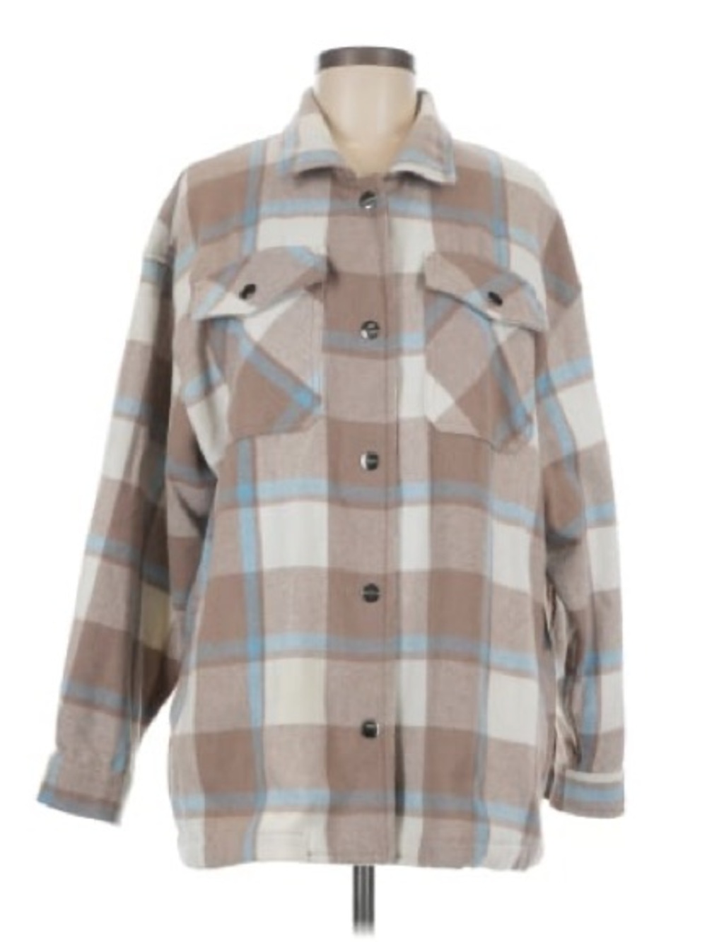 Plaid Shacket Jacket in Beige, Cream & Light Blue
